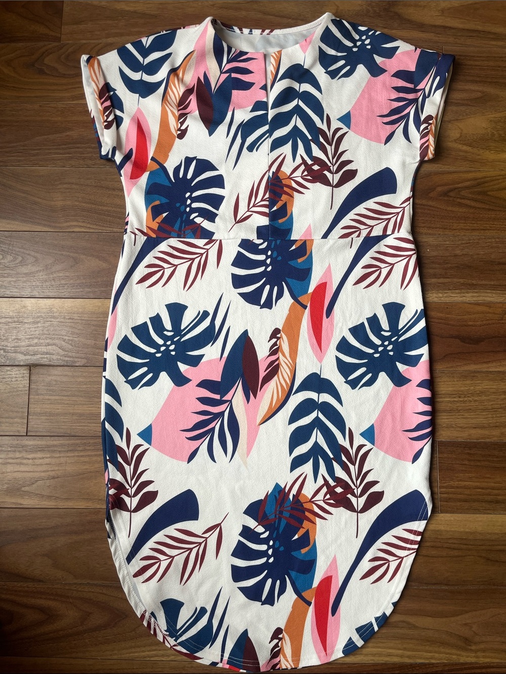 Women Tropical Leaf Print Shift Dress Pink Navy White Casual Summer Midi Large